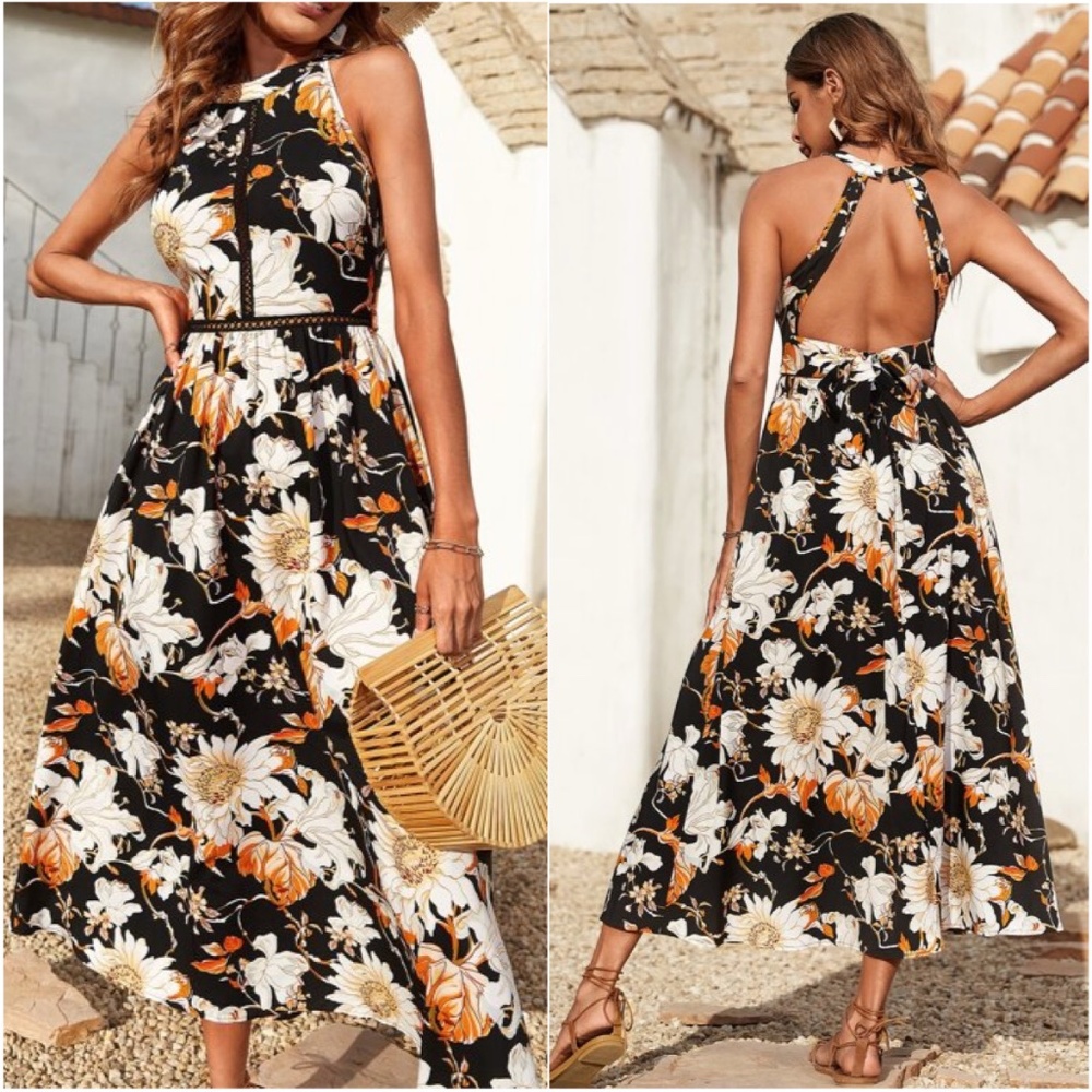 BellanBlue Black Floral Maxi Dress with White & Orange Blooms